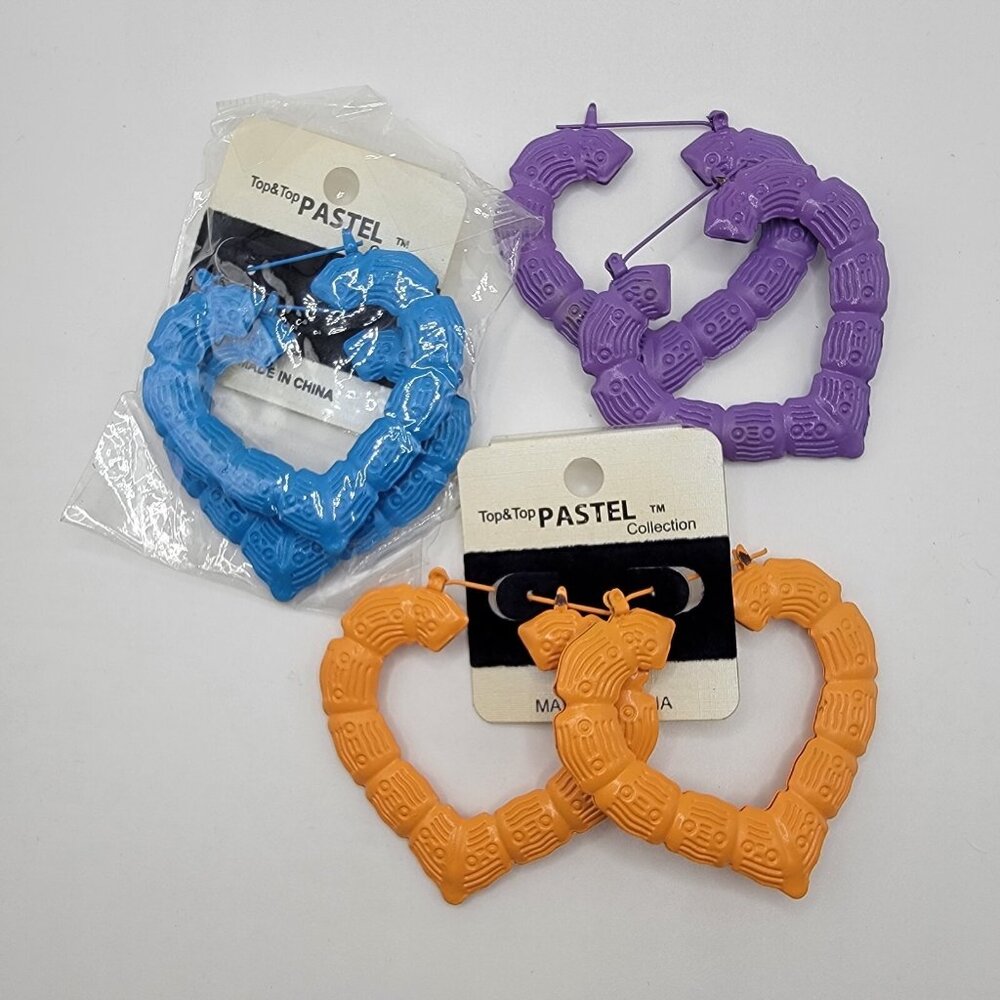 NEW Lot‎ Of 3 Top & Top Pastel Large Heart Hoop Earrings Orange Purple Blue